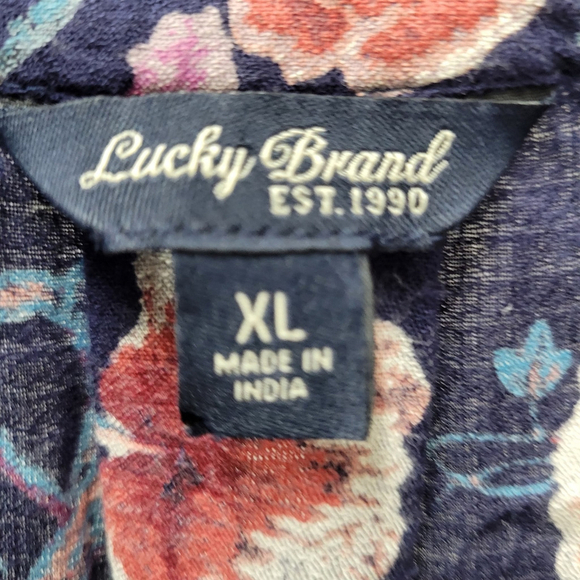 Lucky Brand Sz XL Top Blouse Shirt Blue Floral Print Tassel Tie Rayon - Picture 4 of 7